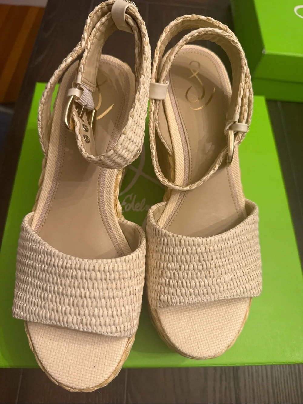 Sam Edelman Cream Linen Raffia Platform Wedge Sandals